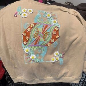 QUEEN OF SPARKLES Tan Top with Colorful Embroidery